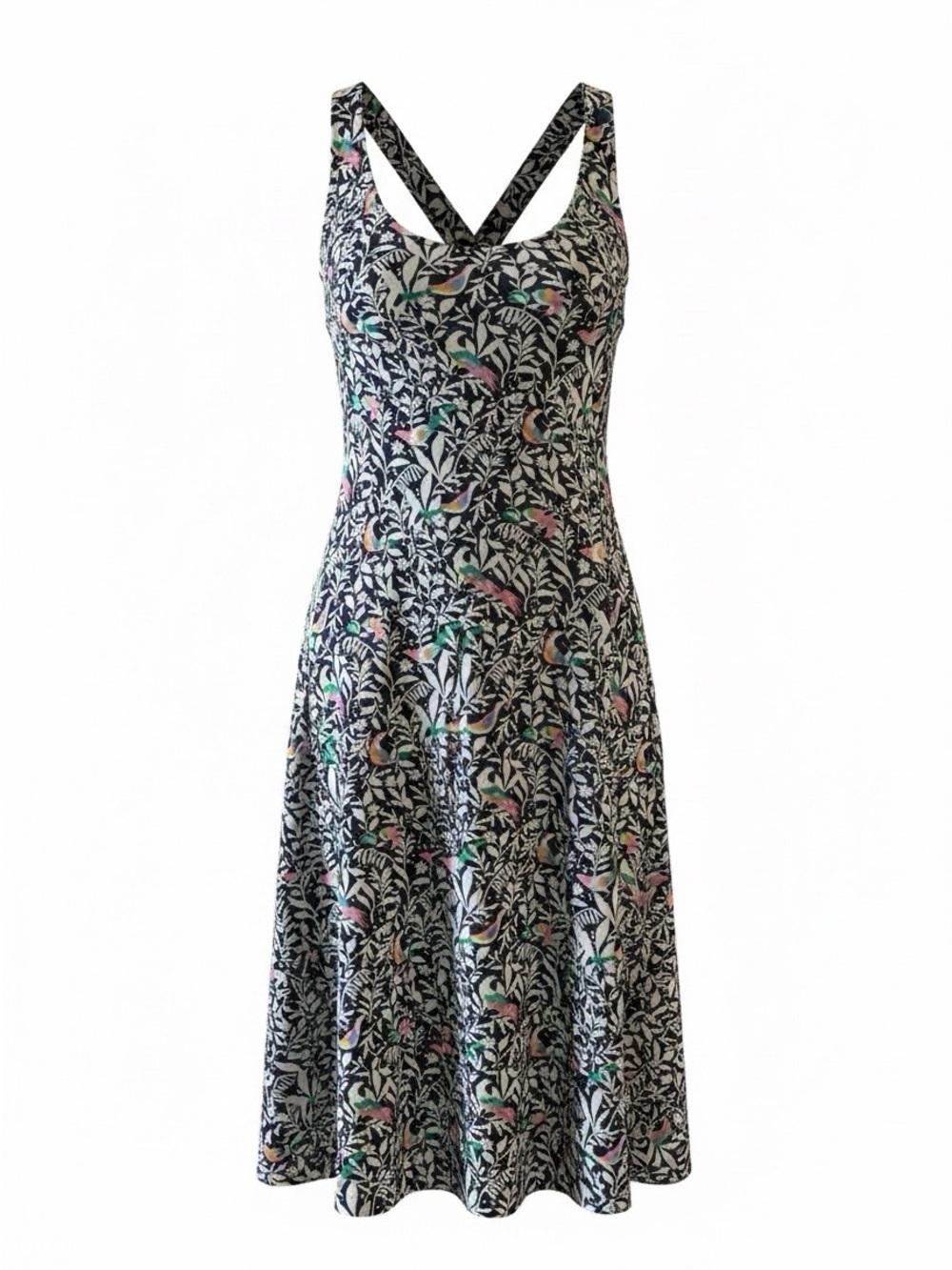 LOFT Black Floral Midi Dress with Crossback Straps